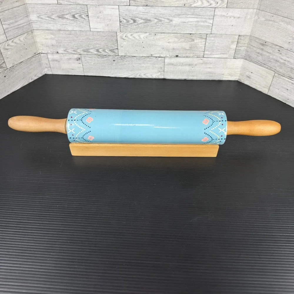The Nordic Ceramic Rolling Pin Blue Floral with Wood Handles and Base